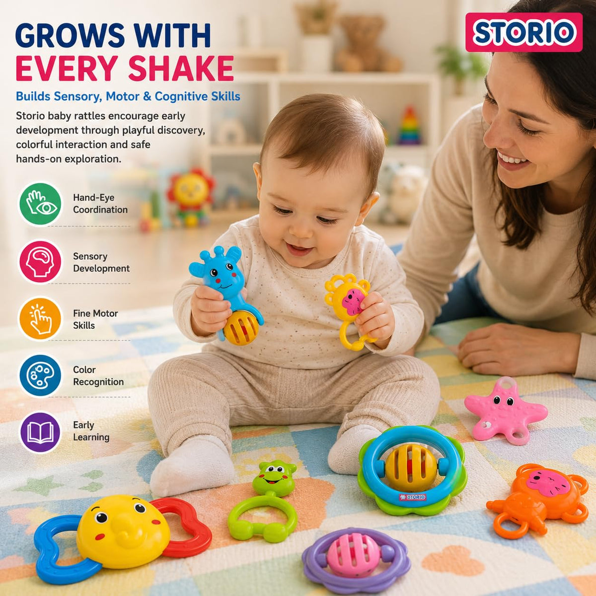 Storio Baby Products Toys 7 Pcs Rattle Set with Teathers for New Born Baby Gifts, Toy for Babies, Non-Toxic