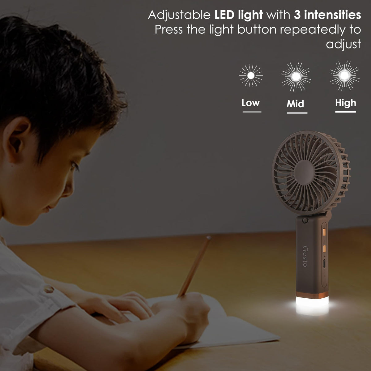 Gesto Portable Fan Rechargeable with LED Light – Foldable Mini Fan, Small Fan,USB Charging Hand Fan with 1200mAh Battery & 3 Speed Modes | Travel, Makeup, Kitchen,Women’s Personal Pankhaa - Grey