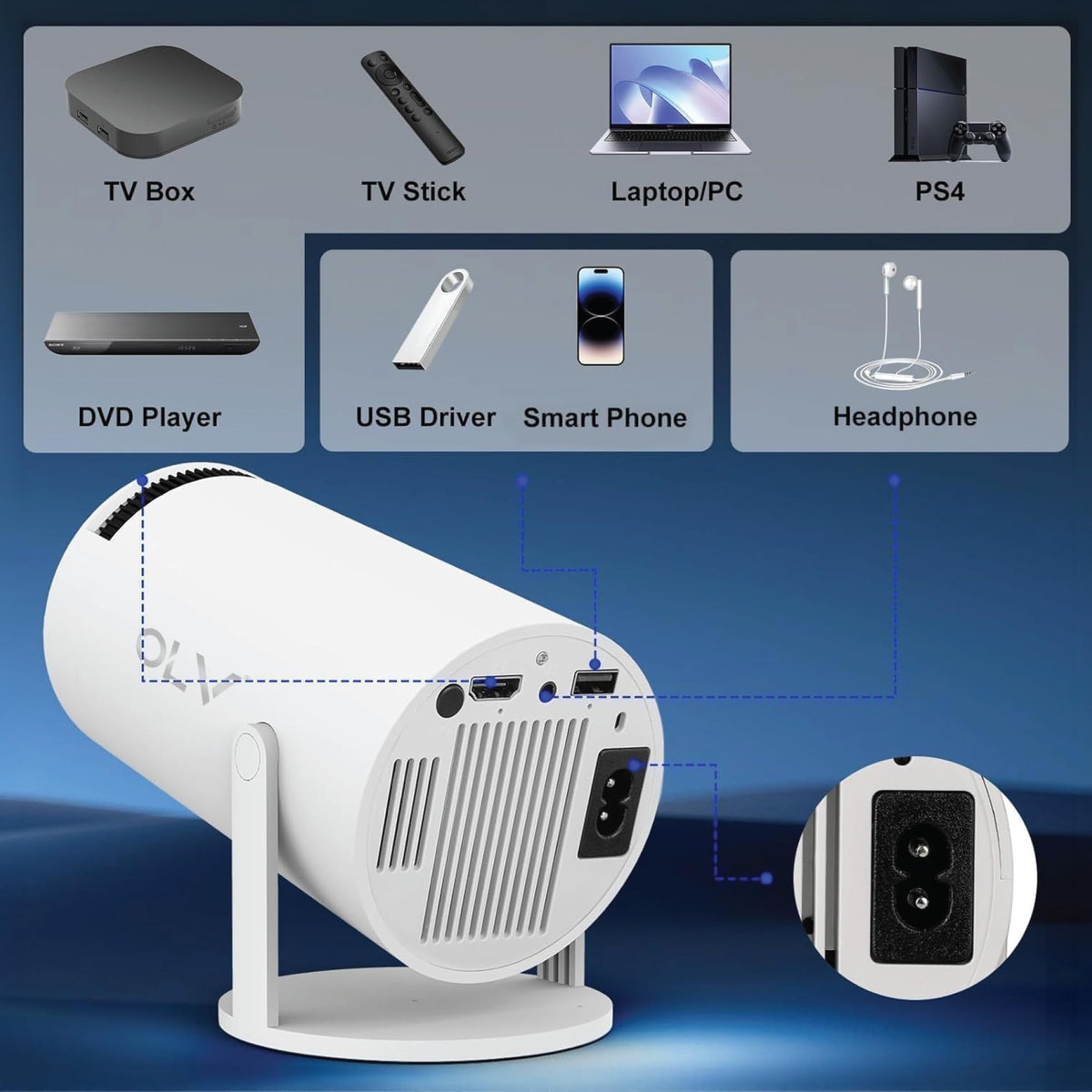 OLV Portable Smart Mini Projector, 4K 1080P Full HD Projector Supports Netflix, Prime and YouTube Etc. WiFi 5G, BT-5.0, Cinema Projector 180° Android 11, Compatible with TV Stick/Windows/iOS/Android