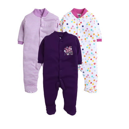 EIO 100% Cotton Rompers/Sleep Suits/Jumpsuit/Night Suits for Baby Boys & Girls, Infants, New Born Combo Pack Purple