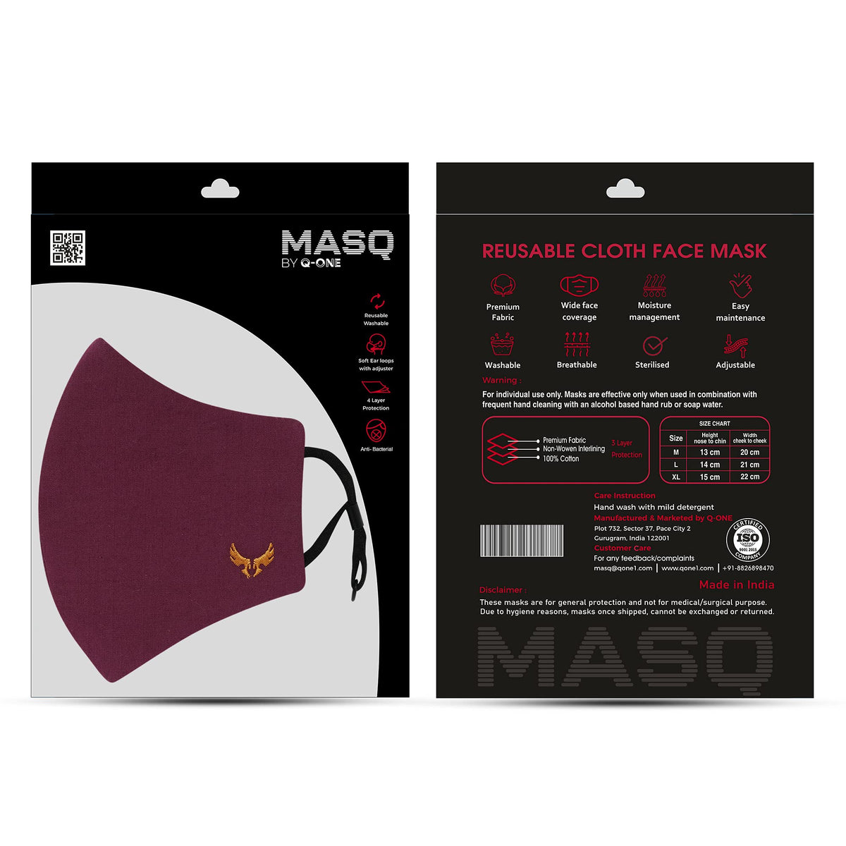 MASQ 4-Layer Anti-Pollution Reusable & Adjustable Cotton Cloth Face Mask for Men & Boys, Anti-Bacterial BFE>99%, Pack of 3, Multicolor, Black, Navy, Red