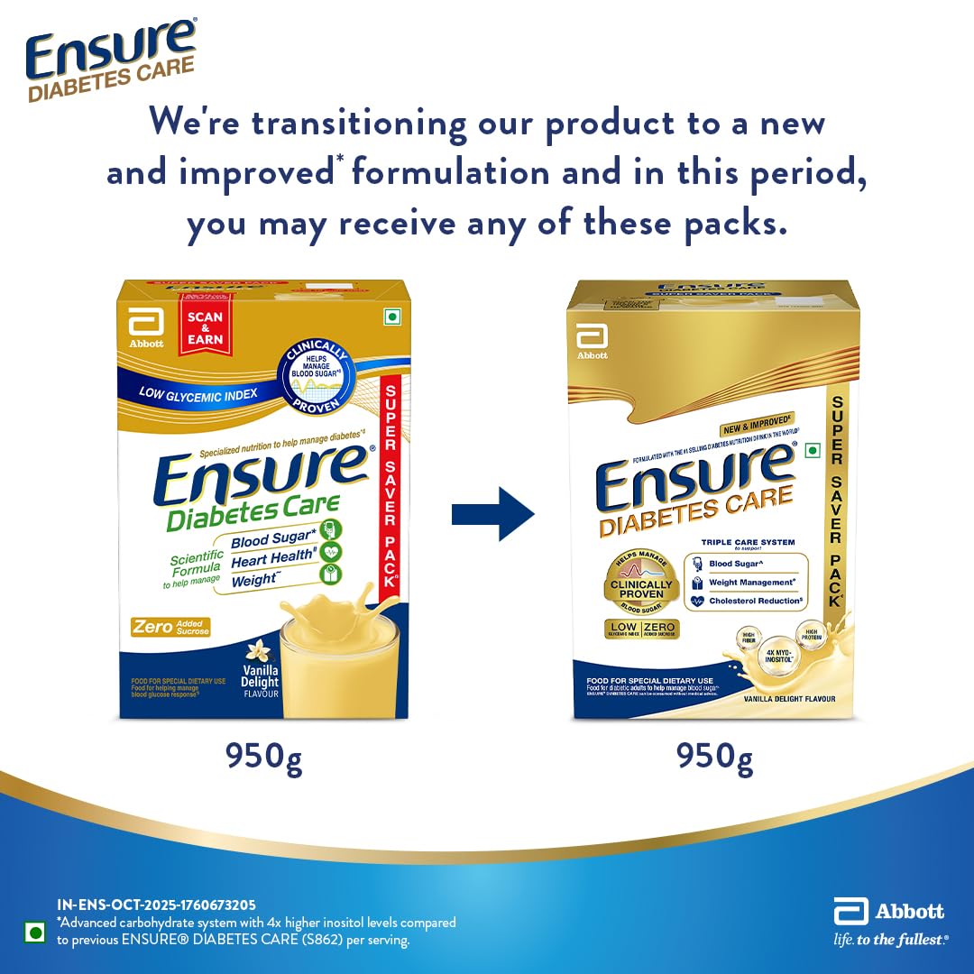 Ensure Diabetes Care Vanilla 950gm |Support Blood Sugar, Weight Management, Cholestrol Reduction |High Protein, High Fibre, 4 Myo-inositol |Zero Added Sucrose