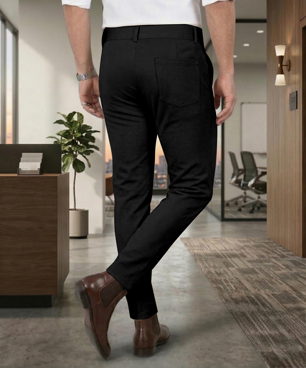Mehrang Men's Slim Fit Casual Mid Rise Trousers, Cotton Blend, Side Pockets (in, Numeric, 34, Regular, Black)
