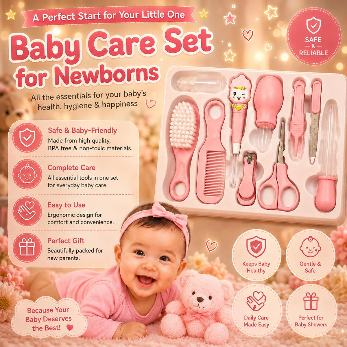 10-in-1 Baby Grooming Kit Combo with Electric Nail Trimmer, Baby Comb Brush Set, Nail Clipper, Scissors & File, Newborn Baby Care Essentials Gift Set – Pink