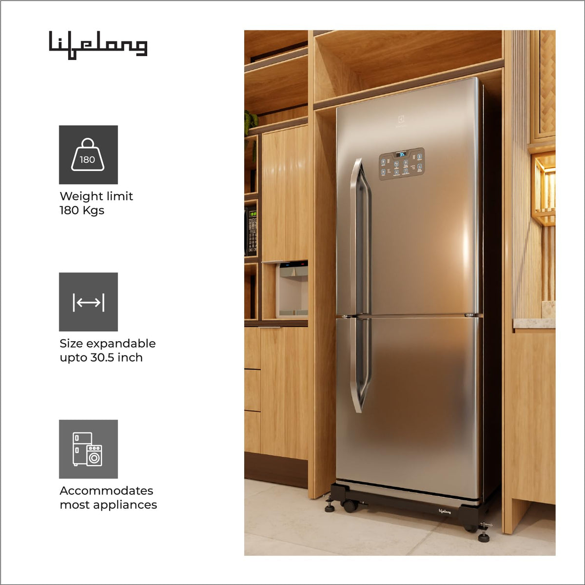 Lifelong Adjustable Washing Machine Stand with Wheels, Heavy Duty Steel Trolley for 5 Kg to 12 Kg Top Load & Front Load Washing Machines | Fridge & Air Cooler Stand | 180 Kg Capacity | Anti Vibration Pads | Black