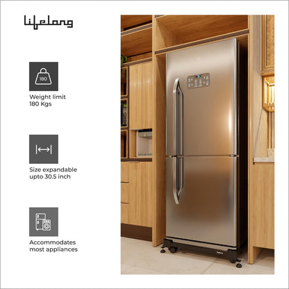 Lifelong Adjustable Washing Machine Stand with Wheels, Heavy Duty Steel Trolley for 5 Kg to 12 Kg Top Load & Front Load Washing Machines | Fridge & Air Cooler Stand | 180 Kg Capacity | Anti Vibration Pads | Black