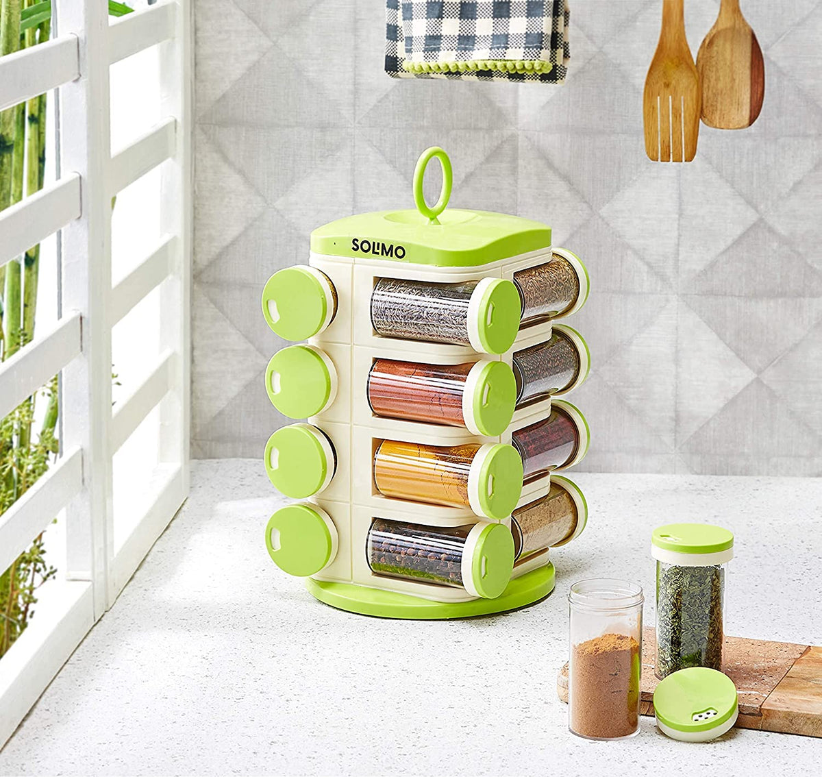 Amazon Brand - Solimo Revolving Spice Rack Set | 16 pieces | Plastic | Tiered Shelf | Tabletop | Green