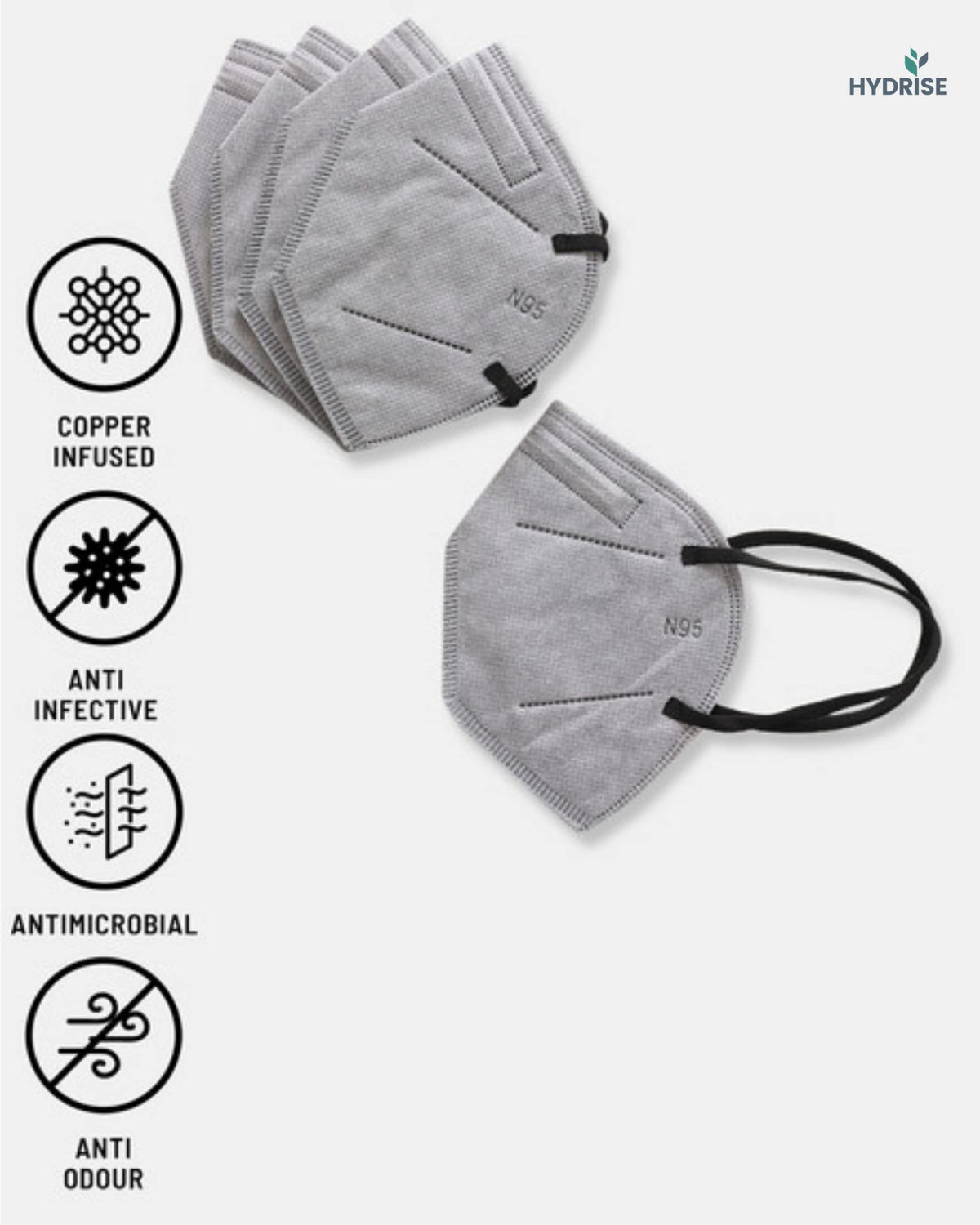 HYDRISE (Pack of 20 (Grey) Premium N95 Mask For Men and Women with Mask Adjuster - Washable - Reusable - Pollution - Protection - Advance Filtration