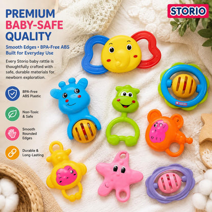 Storio Baby Products Toys 7 Pcs Rattle Set with Teathers for New Born Baby Gifts, Toy for Babies, Non-Toxic