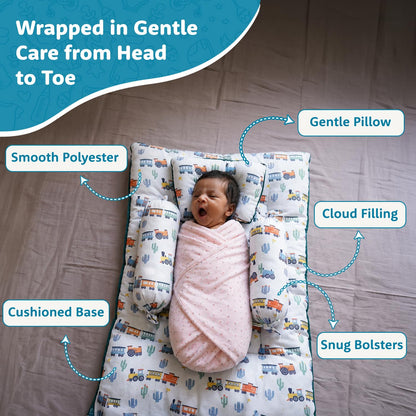Amazon Brand - Supples Newborn Baby Bedding Set with 2 Side Bolster Pillows & 1 Head Pillow |100% Cotton, Soft & Breathable | Toy Vehicle Print | Blue
