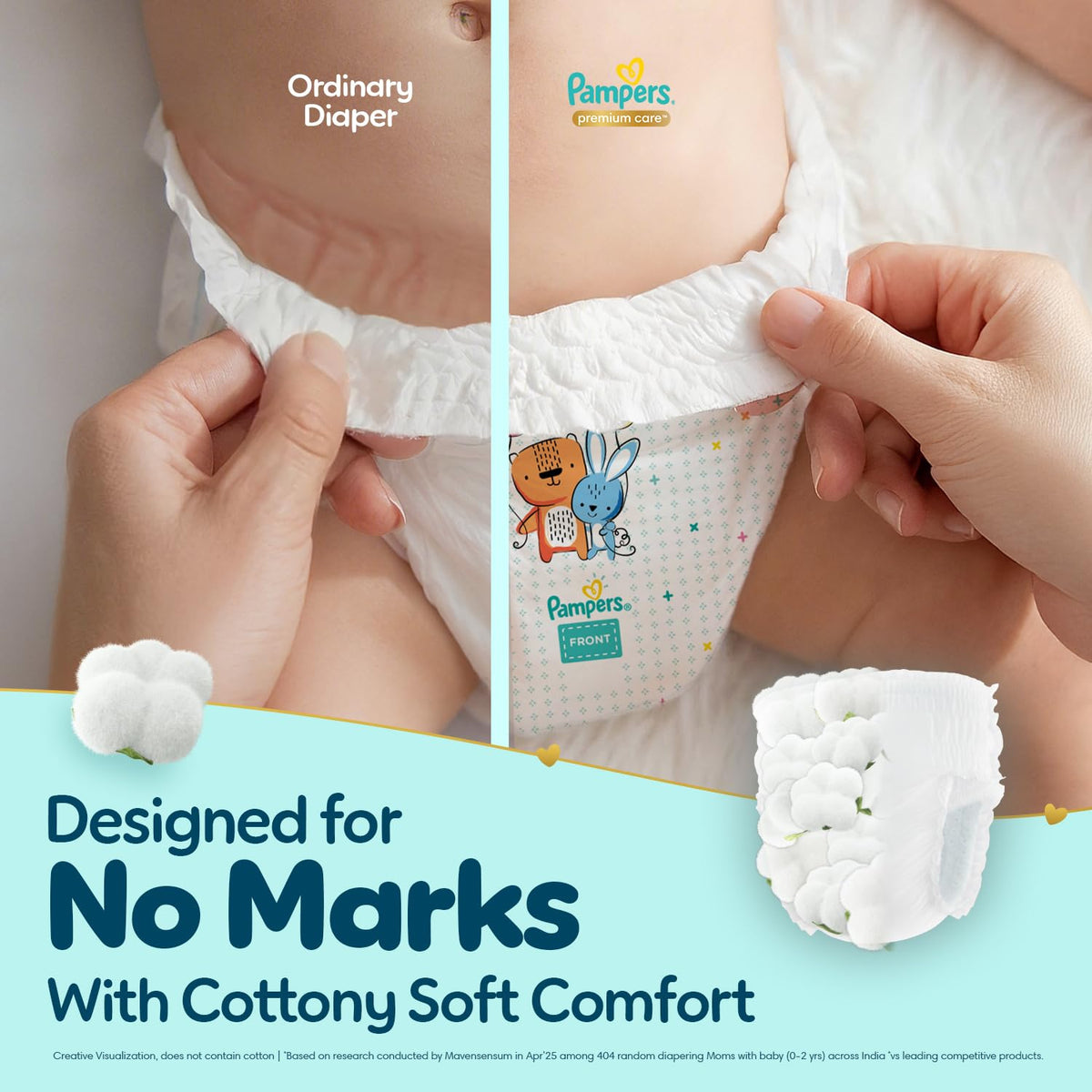 Pampers Premium Care Pant Style Baby Diapers XS 70 Count | No Marks Design | Voted India’s #1 Softest Diaper | All in 1 diaper with 360 Cottony Softness