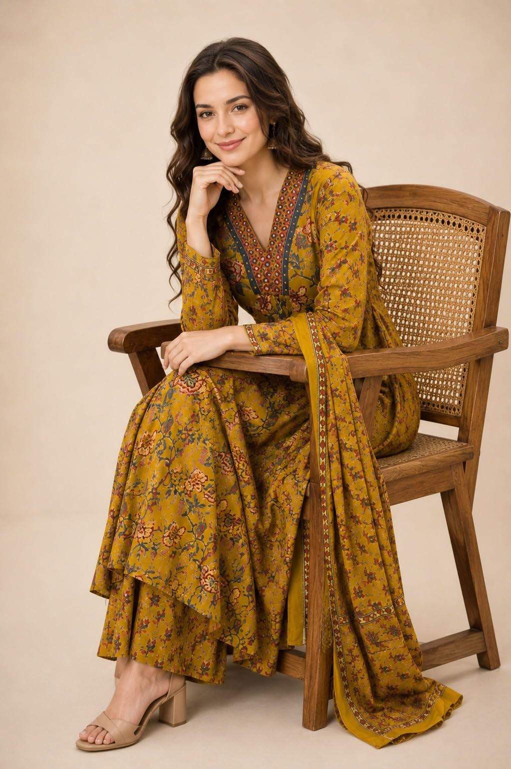 BANDRAGIRLS Women's Rayon Printed Anarkali Kurta and Pant with Dupatta Set