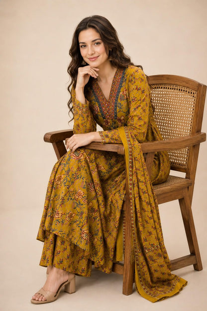 BANDRAGIRLS Women's Rayon Printed Anarkali Kurta and Pant with Dupatta Set