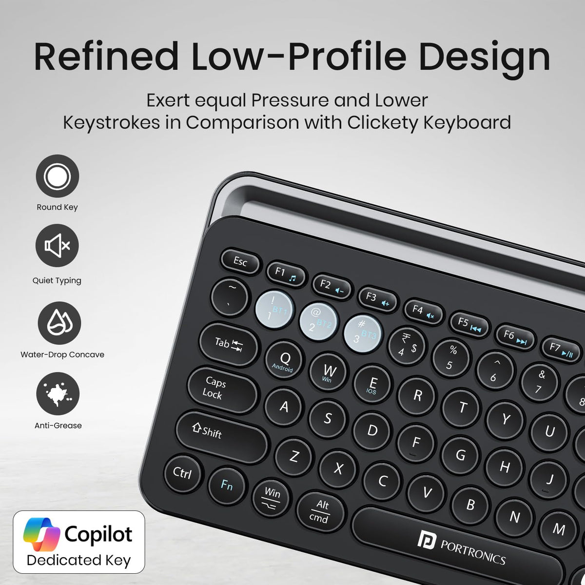 Portronics Bubble 3.0 Wireless Keyboard with Bluetooth + 2.4 GHz USB Receiver, Rechargeable Battery, Dual Height Adjustment, Multimedia Hotkeys with Numpad, for Laptop, PC, Smartphone, Tablet(Black)