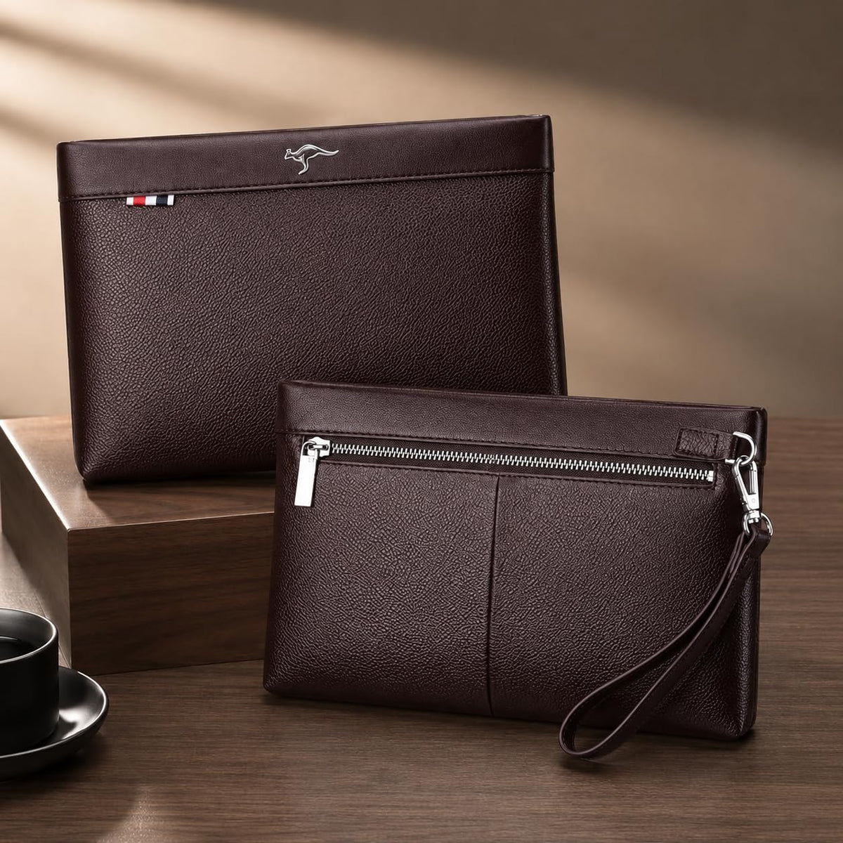 Kawn Men's PU Leather Clutch Bag, Large Capacity Business Organizer Wallet with Wrist Strap, Multi Pocket Envelope Handbag for Mobile, Cash, Cards, Travel, Office & Daily Use (Brown)