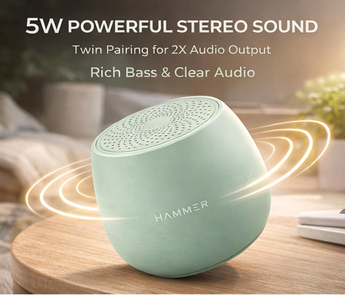 HAMMER Drop X1 5W Bluetooth Speaker with Twin Pairing, Bluetooth v6.0, 32 Hours Playtime, 52mm Drivers (Green)