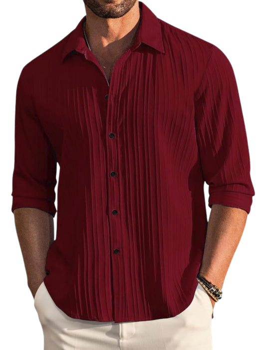 DEELMO Men's Casual Button Down Shirts Long Sleeve Linen Shirt Fashion Textured Beach Summer Shirt (in, Alpha, M, Regular, Maroon)