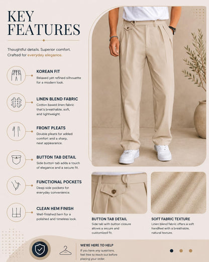 CB-COLEBROOK Men’s Korean Style Double Pleated Relaxed Fit Trousers | Cotton Linen Blend Formal Casual Pants | Mid Rise, Belt Loops, Side Pockets & Button Closure (in, Alpha, M, Regular, Cream)