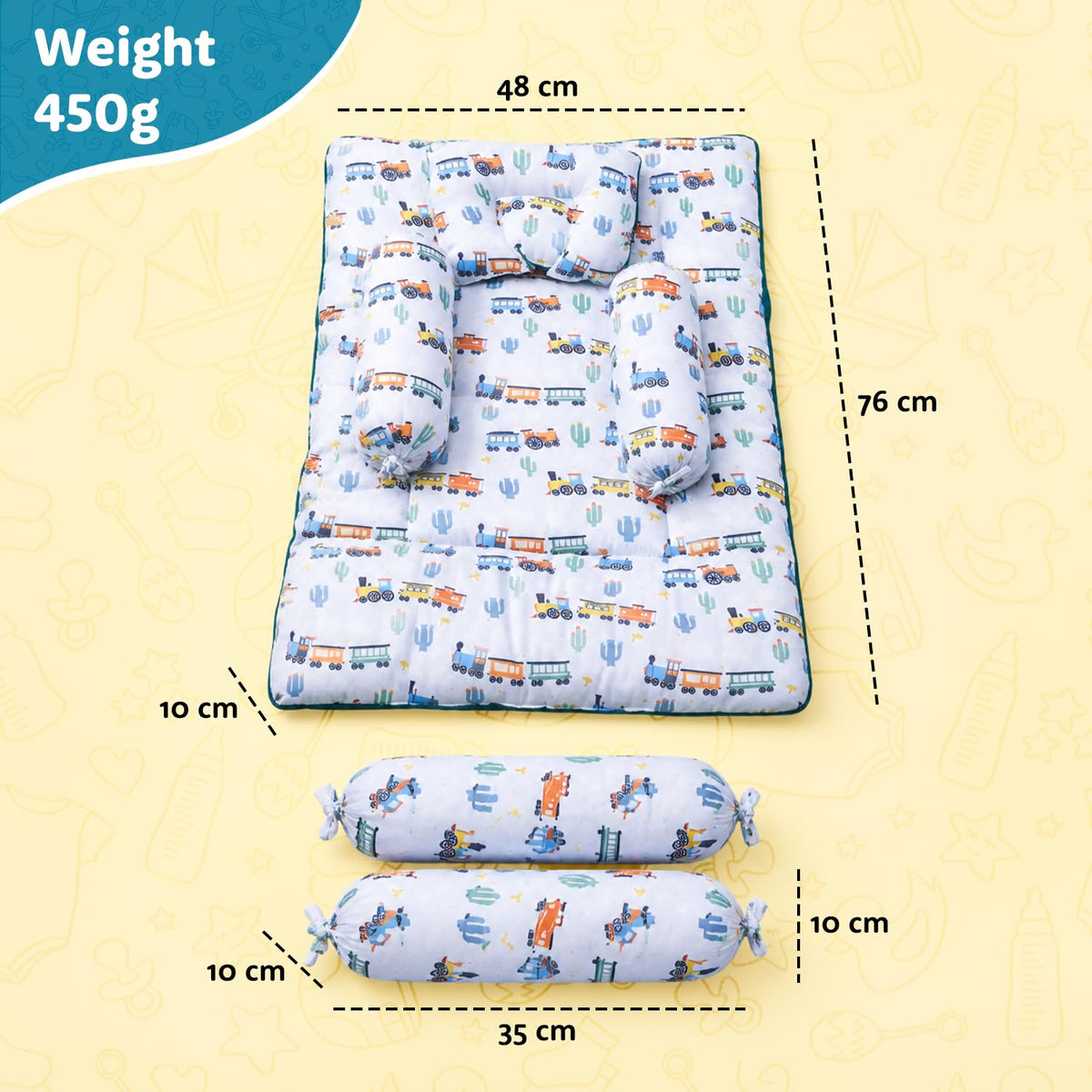 Amazon Brand - Supples Newborn Baby Bedding Set with 2 Side Bolster Pillows & 1 Head Pillow |100% Cotton, Soft & Breathable | Toy Vehicle Print | Blue