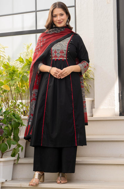 Amayra Women's Pure Cotton A-Line Kurta Set with Palazzo Pants & Dupatta|Ethnic wear|Kurti Suit Set for Women(TCK728,Black,XXL)