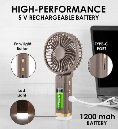 Gesto Portable Fan Rechargeable with LED Light – Foldable Mini Fan, Small Fan,USB Charging Hand Fan with 1200mAh Battery & 3 Speed Modes | Travel, Makeup, Kitchen,Women’s Personal Pankhaa - Grey