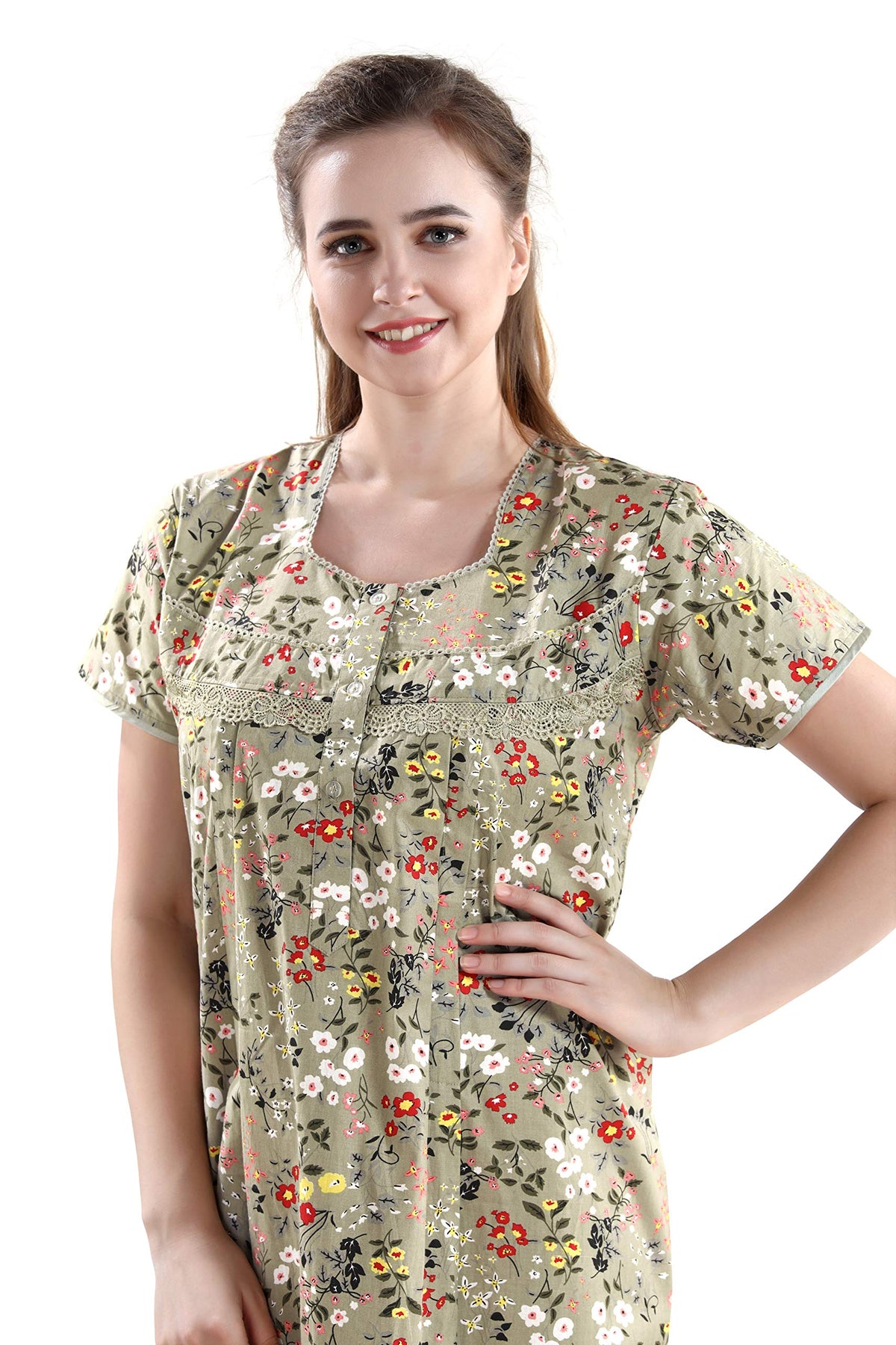 AV2 Women Printed Cotton Nightwear Nighty Maxi Grey Medium 7104