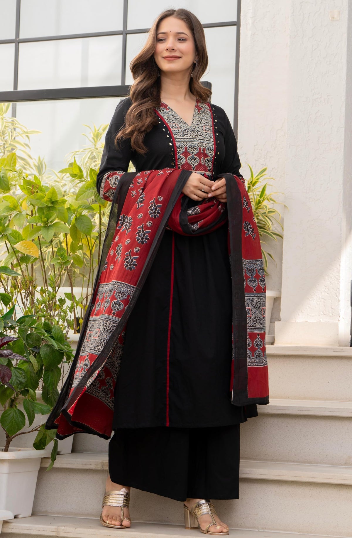 Amayra Women's Pure Cotton A-Line Kurta Set with Palazzo Pants & Dupatta|Ethnic wear|Kurti Suit Set for Women(TCK728,Black,XXL)