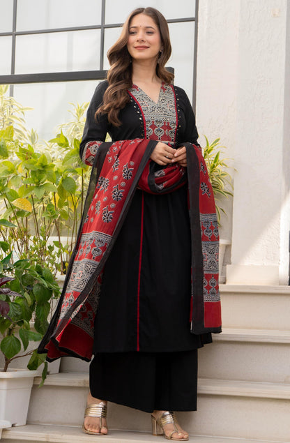 Amayra Women's Pure Cotton A-Line Kurta Set with Palazzo Pants & Dupatta|Ethnic wear|Kurti Suit Set for Women(TCK728,Black,XXL)