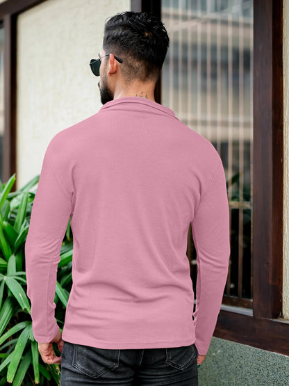KAJARU Men's Polyester Blend T Shirt with Spread Collar Neck Line Zipper Closure Full Sleeves Solid Pattern Regular Fit and Standard Length