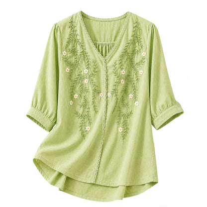 RIEKA Womens Embroidered Korean Style Top and Tunic; V Neck| Floral Thread Embroidery| Three Quarter Puff Sleeves |Relaxed Fit Curved Hem| Casual Everyday Fusion Top (Pista-L)