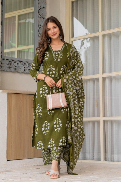 PARTHVI Women's Pure Cotton Printed Straight Kurta Set with Palazzo Pants & Dupatta- Ethnic Wear, Green