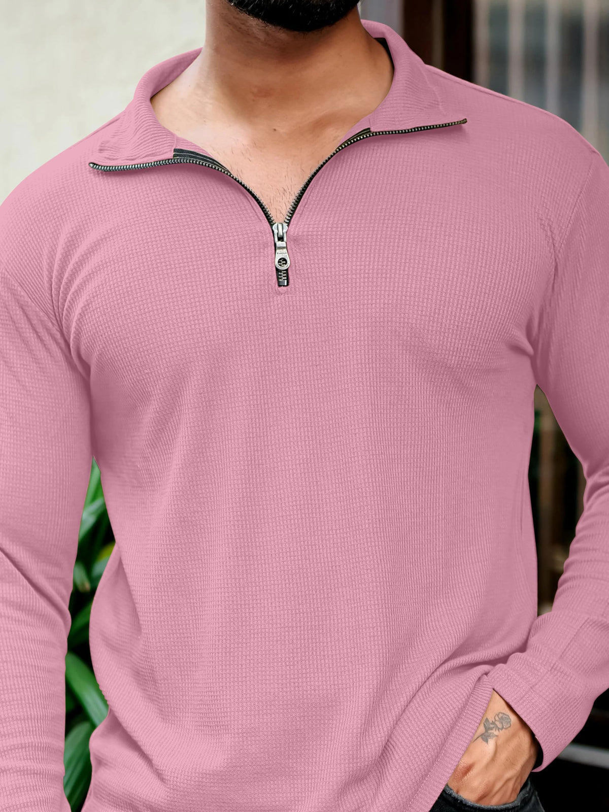 KAJARU Men's Polyester Blend T Shirt with Spread Collar Neck Line Zipper Closure Full Sleeves Solid Pattern Regular Fit and Standard Length