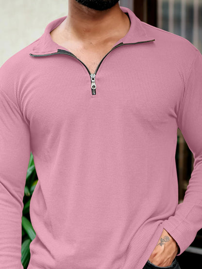KAJARU Men's Polyester Blend T Shirt with Spread Collar Neck Line Zipper Closure Full Sleeves Solid Pattern Regular Fit and Standard Length