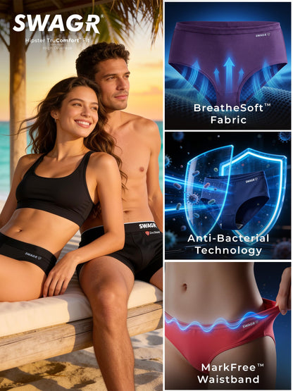 SWAGR 5 Pack Women's High Coverage Super Combed Cotton Hipster Panty Set | Powered by ZincShield Anti-Bacterial Tech | BreatheSoft Fabric | Size Large | Dark Multicolor | SOXCO Style HP06