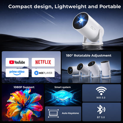 OLV Portable Smart Mini Projector, 4K 1080P Full HD Projector Supports Netflix, Prime and YouTube Etc. WiFi 5G, BT-5.0, Cinema Projector 180° Android 11, Compatible with TV Stick/Windows/iOS/Android