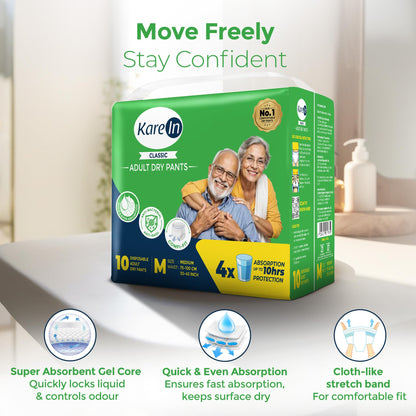 Karein Classic Adult Diaper Pant M Size, Medium, Waist (75-100 cm 30'-40'), 10 Unit, Long Protection Hour, Unisex, Quick & Even Absorption, Anti-Bacterial, Leakproof, Odour Control, Wetness Indicator