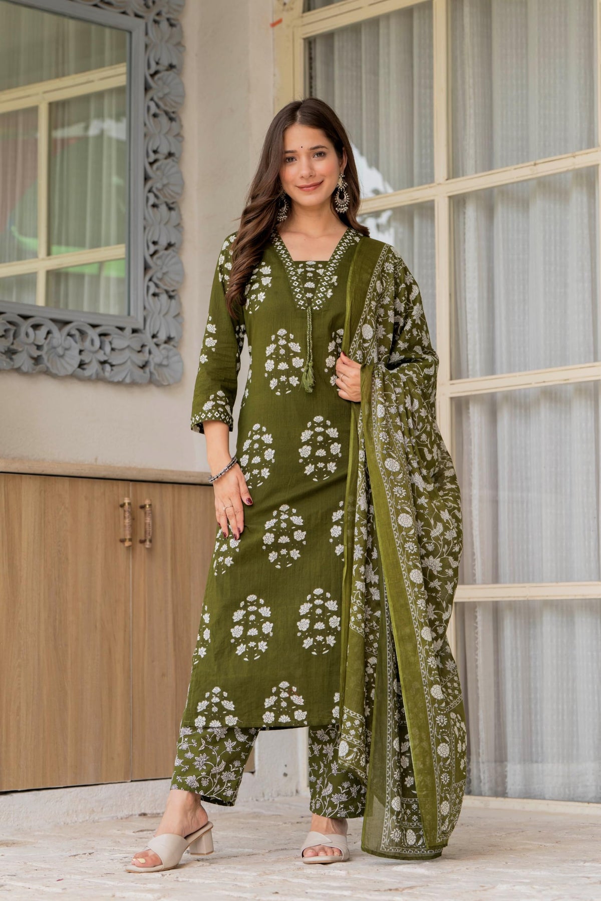 PARTHVI Women's Pure Cotton Printed Straight Kurta Set with Palazzo Pants & Dupatta- Ethnic Wear, Green