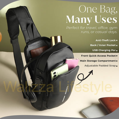 Walizza Lifestyle Sling Bag for Men & Women– Crossbody Sling Bag for Travel, Cycling & Hiking | Waterproof Shoulder Bag with Compartment and Zipper Pockets (Matte-Black)