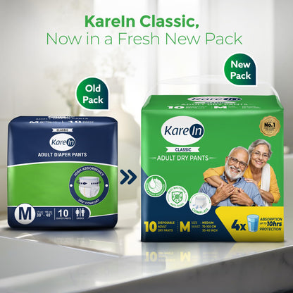Karein Classic Adult Diaper Pant M Size, Medium, Waist (75-100 cm 30'-40'), 10 Unit, Long Protection Hour, Unisex, Quick & Even Absorption, Anti-Bacterial, Leakproof, Odour Control, Wetness Indicator