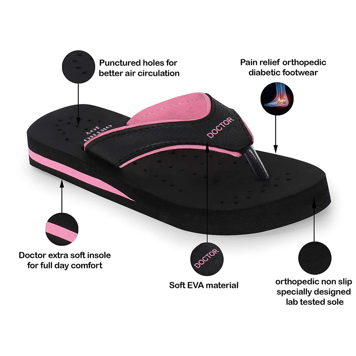 DOCTOR EXTRA SOFT Care Diabetic Orthopedic Pregnancy Flat Super Comfort Dr Flipflops and House Slippers For Women's and Girl's D-18-Black Pink-5 UK
