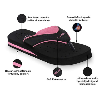 DOCTOR EXTRA SOFT Care Diabetic Orthopedic Pregnancy Flat Super Comfort Dr Flipflops and House Slippers For Women's and Girl's D-18-Black Pink-5 UK