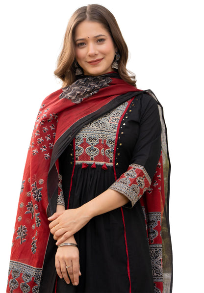 Amayra Women's Pure Cotton A-Line Kurta Set with Palazzo Pants & Dupatta|Ethnic wear|Kurti Suit Set for Women(TCK728,Black,XXL)