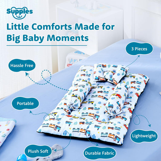 Amazon Brand - Supples Newborn Baby Bedding Set with 2 Side Bolster Pillows & 1 Head Pillow |100% Cotton, Soft & Breathable | Toy Vehicle Print | Blue