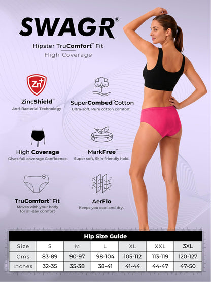 SWAGR 5 Pack Women's High Coverage Super Combed Cotton Hipster Panty Set | Powered by ZincShield Anti-Bacterial Tech | BreatheSoft Fabric | Size Large | Dark Multicolor | SOXCO Style HP06