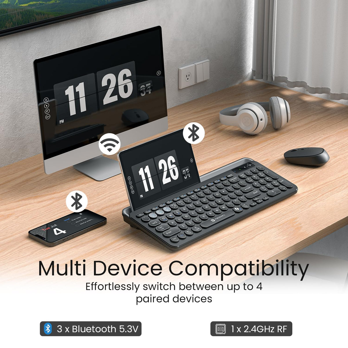 Portronics Bubble 3.0 Wireless Keyboard with Bluetooth + 2.4 GHz USB Receiver, Rechargeable Battery, Dual Height Adjustment, Multimedia Hotkeys with Numpad, for Laptop, PC, Smartphone, Tablet(Black)