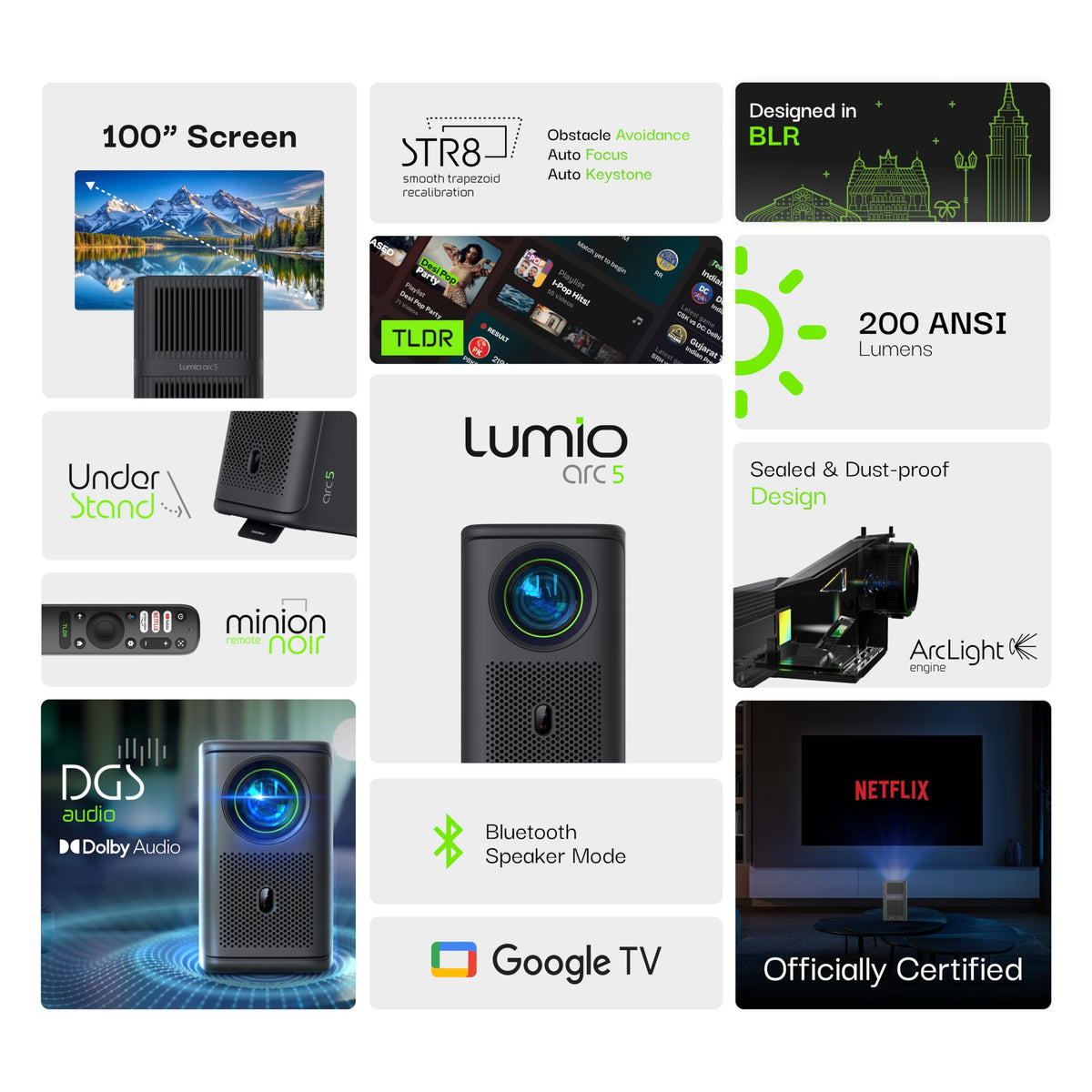 Lumio Arc 5 Portable Home Projector | Official Google TV with Netflix | Native 1080p Full HD | 4K Support | 200 ANSI Lumens | Auto Keystone | Dolby Audio | Sealed Light Engine | Bluetooth Speaker