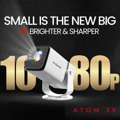 E GATE Atom 3X Projector 4k Ultra HD Full HD 1080p Native Automatic Home Projector for Room | 300 ISO | Rotatable Design | Android Netflix Prime | ARC-HDMI USB WiFi-6 BT Screen Mirroring Egate