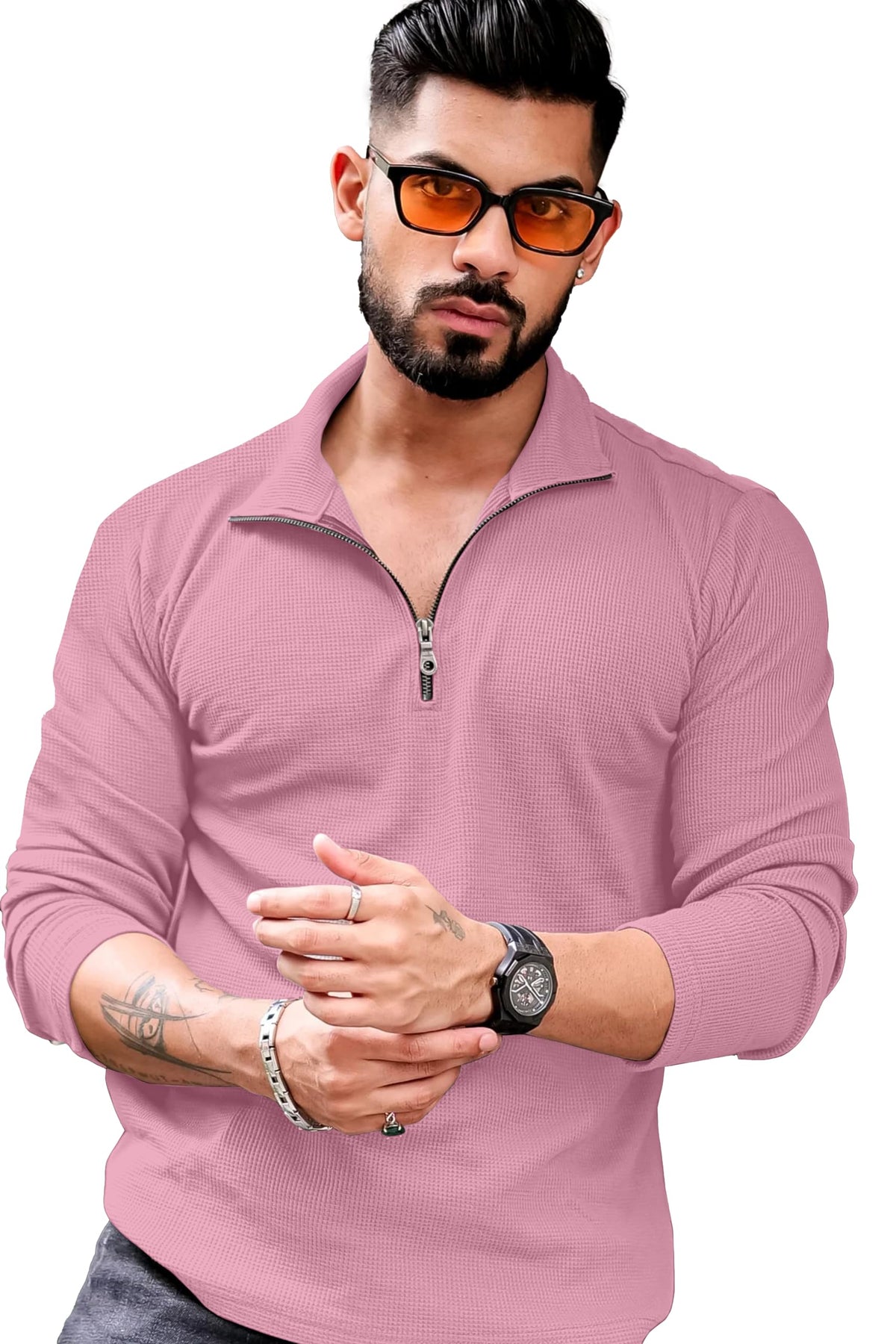 KAJARU Men's Polyester Blend T Shirt with Spread Collar Neck Line Zipper Closure Full Sleeves Solid Pattern Regular Fit and Standard Length