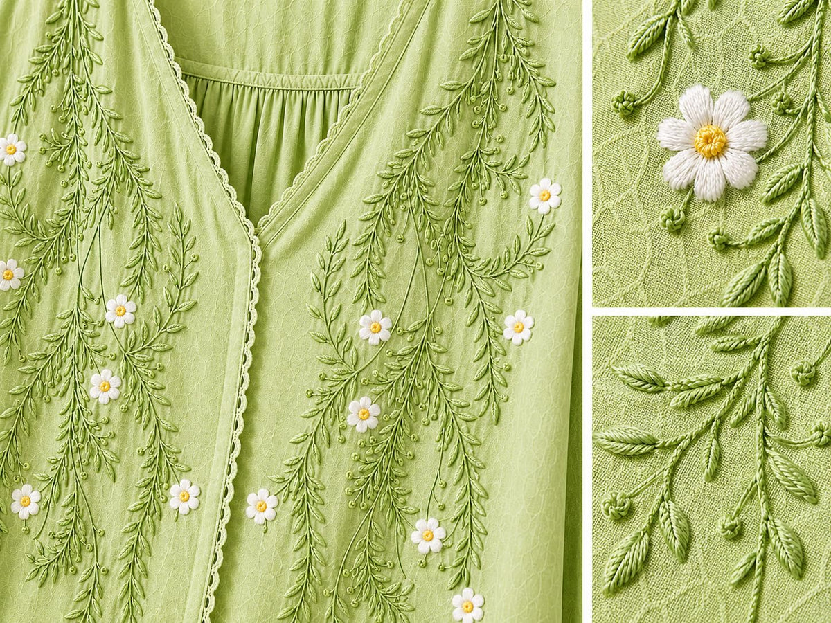 RIEKA Womens Embroidered Korean Style Top and Tunic; V Neck| Floral Thread Embroidery| Three Quarter Puff Sleeves |Relaxed Fit Curved Hem| Casual Everyday Fusion Top (Pista-L)