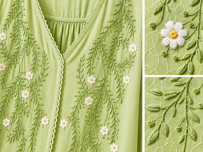 RIEKA Womens Embroidered Korean Style Top and Tunic; V Neck| Floral Thread Embroidery| Three Quarter Puff Sleeves |Relaxed Fit Curved Hem| Casual Everyday Fusion Top (Pista-L)